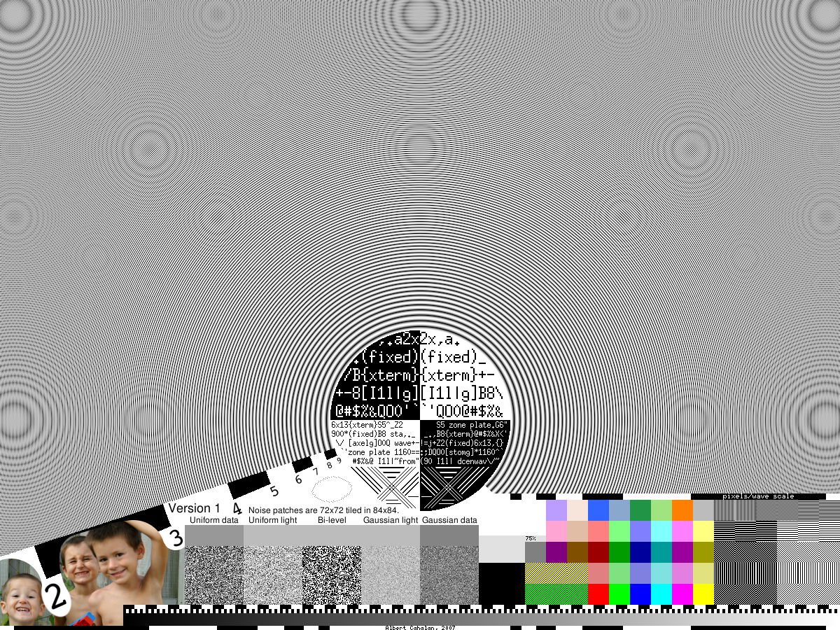 Display test pattern containing a zone plate, grayscale ramp, color patches and reference photographs.