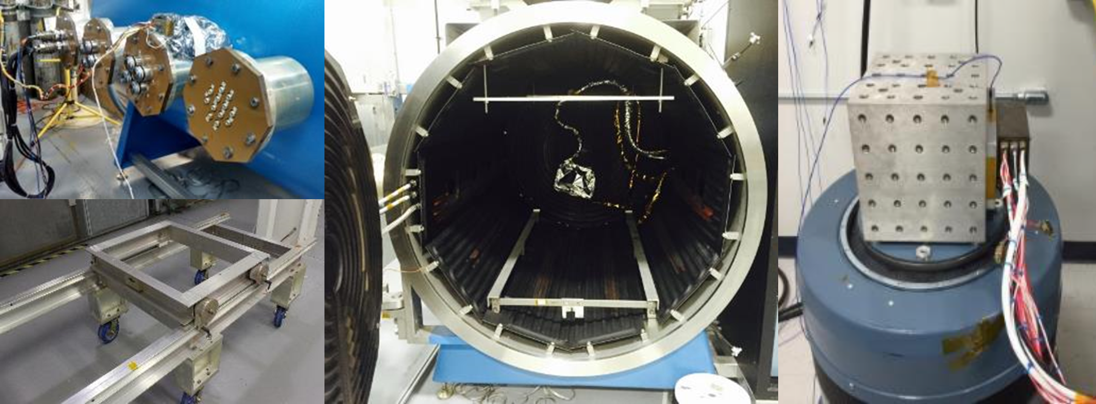NASA Goddard composite photograph showing a thermal-vacuum chamber, support fixture and instrumented vibration shaker.