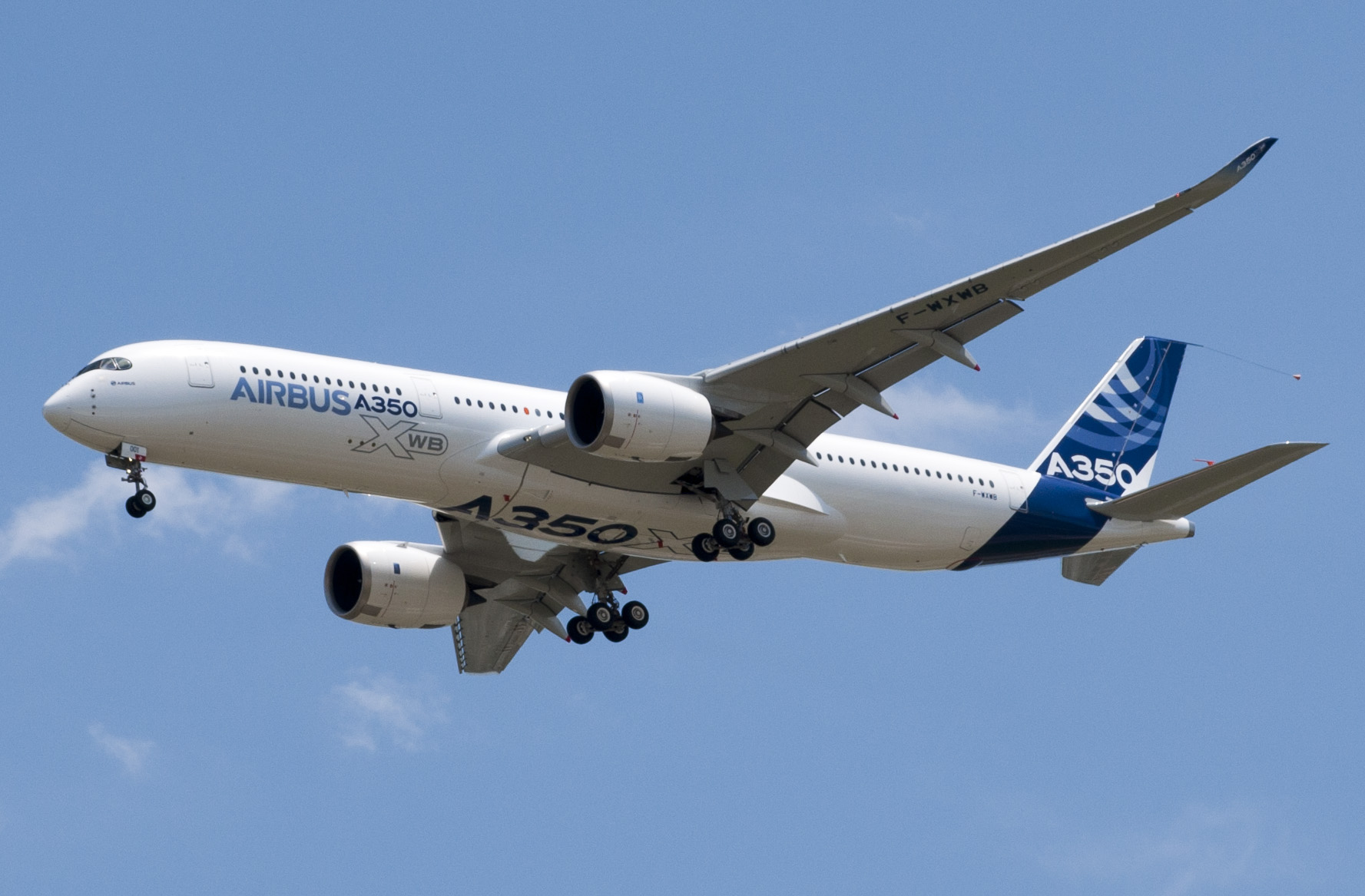 Airbus A350 in flight over the airfield at Toulouse.